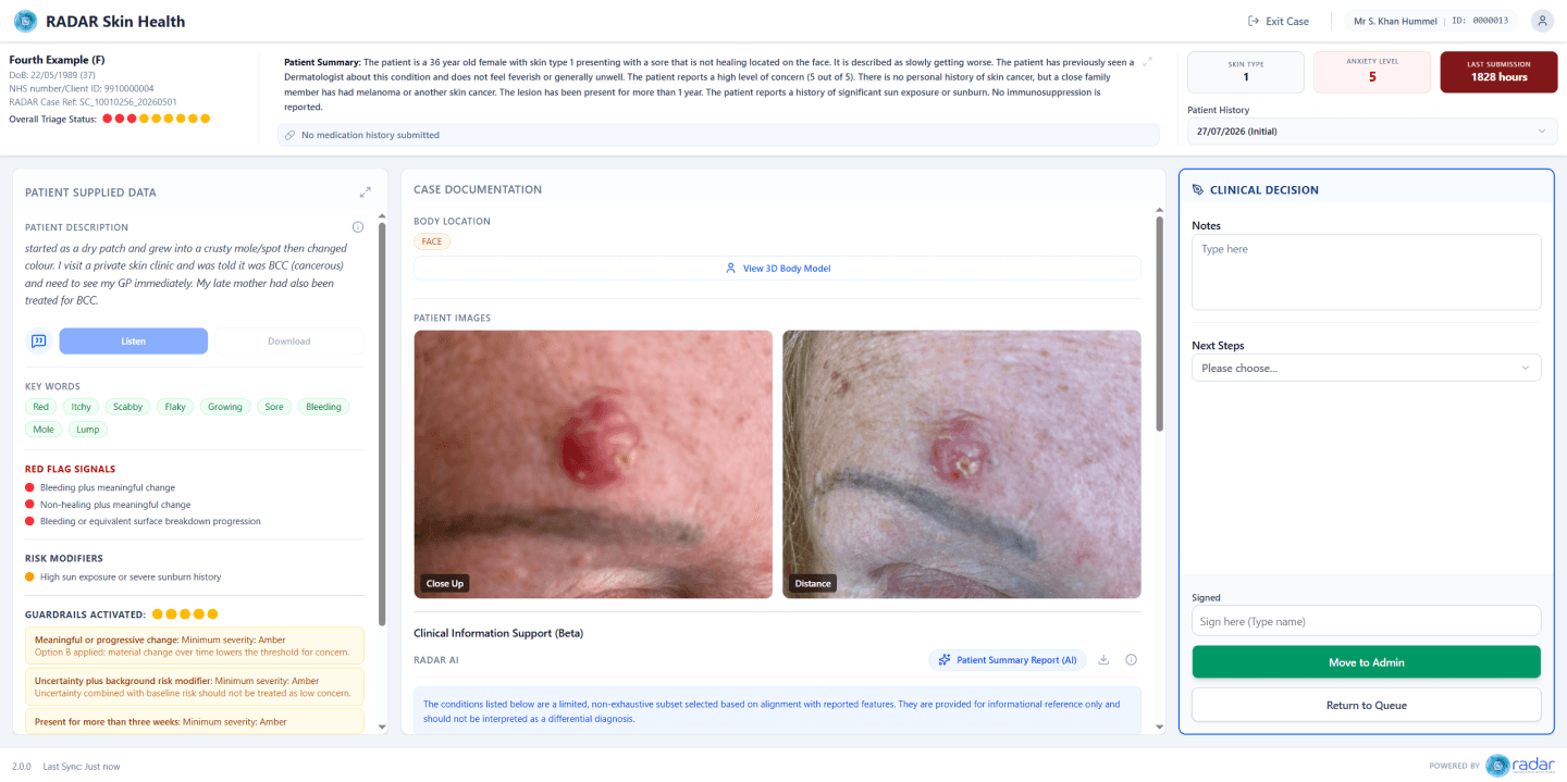 RADAR Skin Health clinician dashboard combining patient history, skin images and case review on one screen